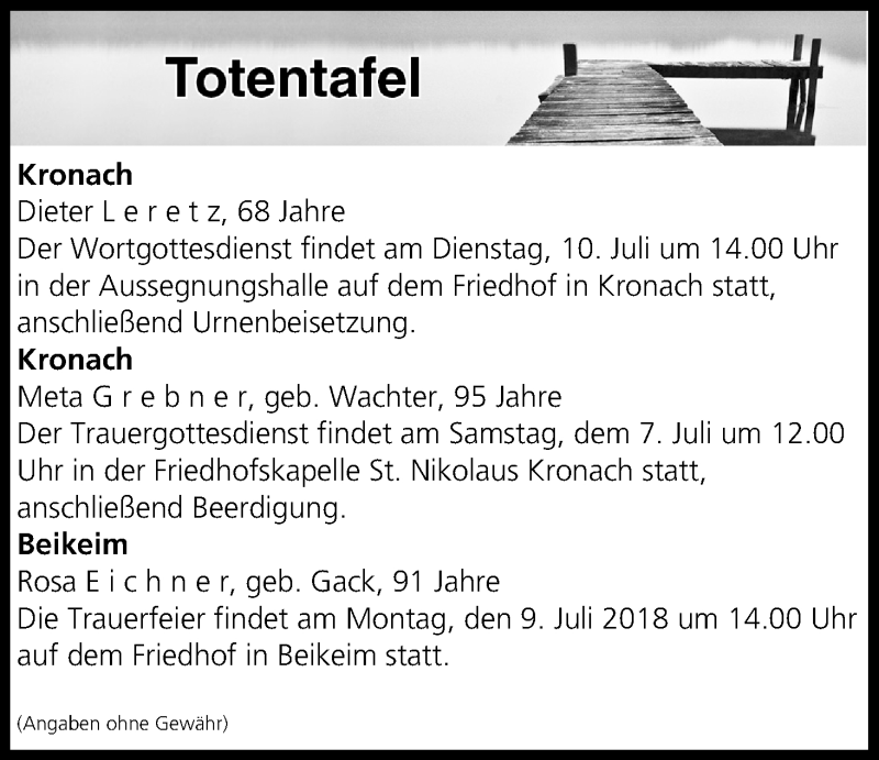  Traueranzeige für Totentafel vom 07.07.2018 vom 07.07.2018 aus MGO