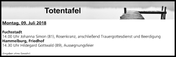 Anzeige von Totentafel vom 09.07.2018 von MGO
