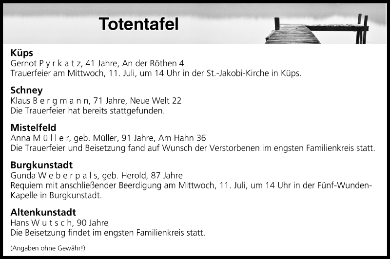  Traueranzeige für Totentafel vom 10.07.2018 vom 10.07.2018 aus MGO