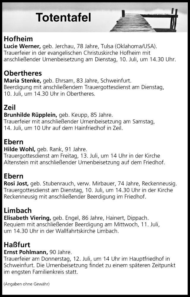  Traueranzeige für Totentafel vom 10.07.2018 vom 10.07.2018 aus MGO