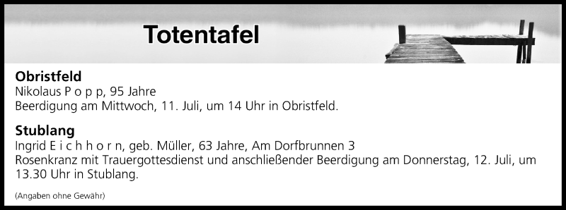  Traueranzeige für Totentafel vom 11.07.2018 vom 11.07.2018 aus MGO