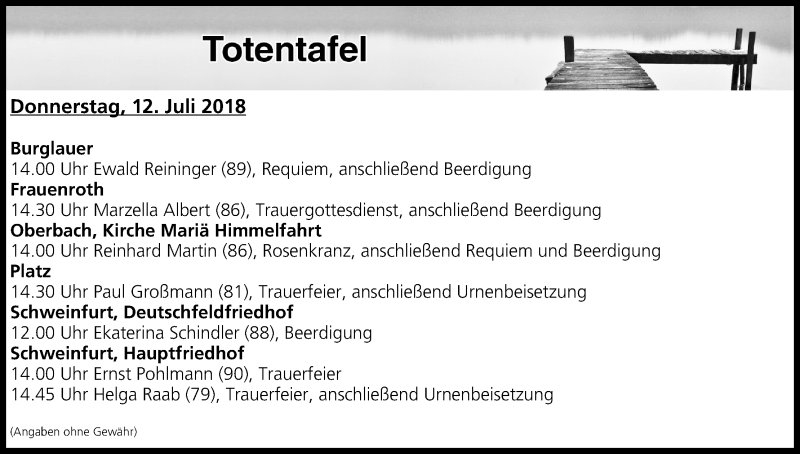  Traueranzeige für Totentafel vom 12.07.2018 vom 12.07.2018 aus MGO