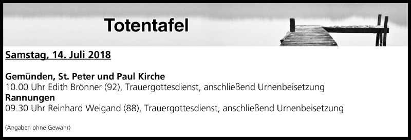  Traueranzeige für Totentafel vom 14.07.2018 vom 14.07.2018 aus MGO