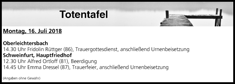  Traueranzeige für Totentafel vom 16.07.2018 vom 16.07.2018 aus MGO