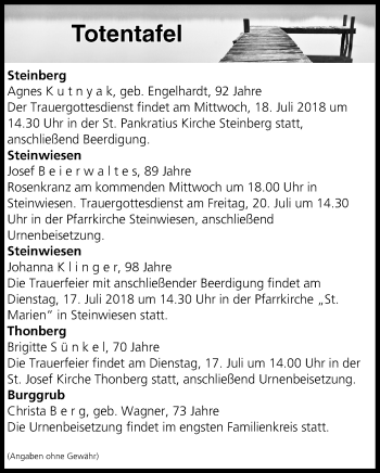 Anzeige von Totentafel vom 17.07.2018 von MGO