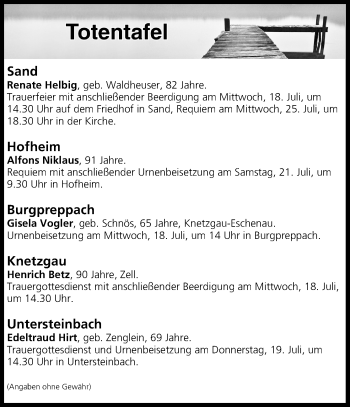 Anzeige von Totentafel vom 17.07.2018 von MGO