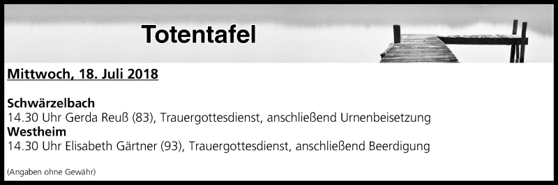  Traueranzeige für Totentafel vom 18.07.2018 vom 18.07.2018 aus MGO