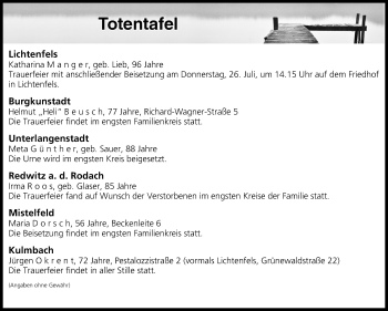 Anzeige von Totentafel vom 24.07.2018 von MGO