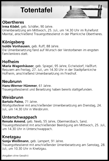 Anzeige von Totentafel vom 24.07.2018 von MGO