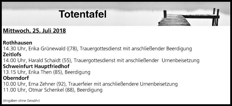  Traueranzeige für Totentafel vom 25.07.2018 vom 25.07.2018 aus MGO