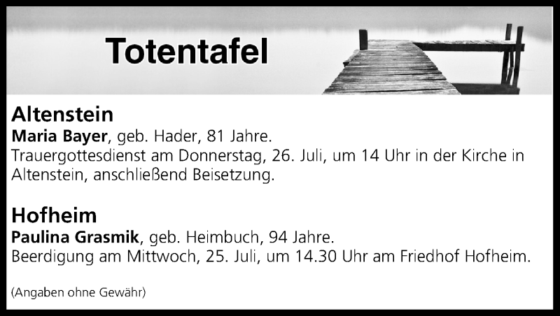  Traueranzeige für Totentafel vom 25.07.2018 vom 25.07.2018 aus MGO
