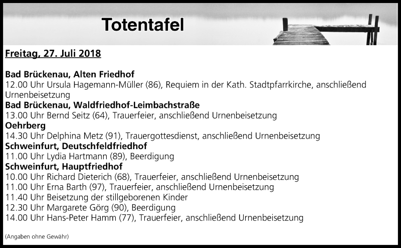  Traueranzeige für Totentafel vom 27.07.2018 vom 27.07.2018 aus MGO