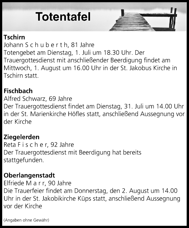  Traueranzeige für Totentafel vom 31.07.2018 vom 31.07.2018 aus MGO