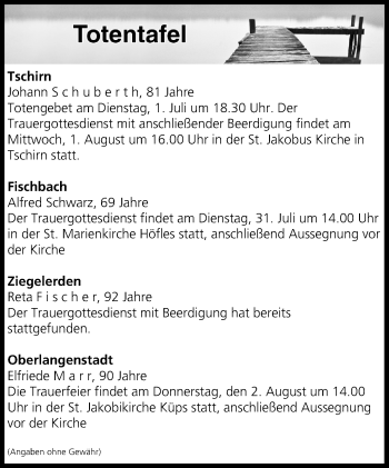 Anzeige von Totentafel vom 31.07.2018 von MGO