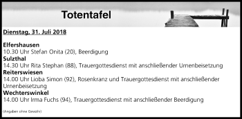 Anzeige von Totentafel vom 31.07.2018 von MGO