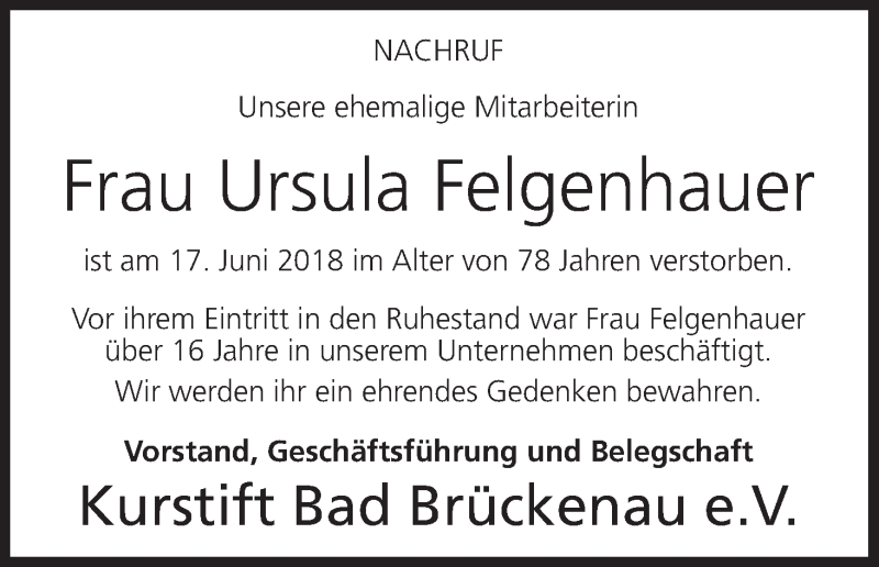  Traueranzeige für Ursula Felgenhauer vom 07.07.2018 aus MGO