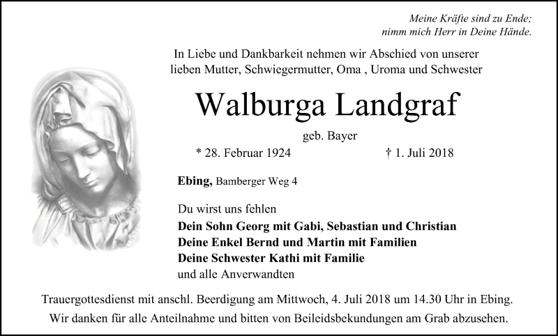  Traueranzeige für Walburga Landgraf vom 02.07.2018 aus MGO