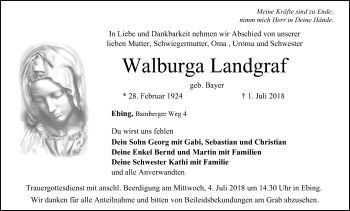 Anzeige von Walburga Landgraf von MGO