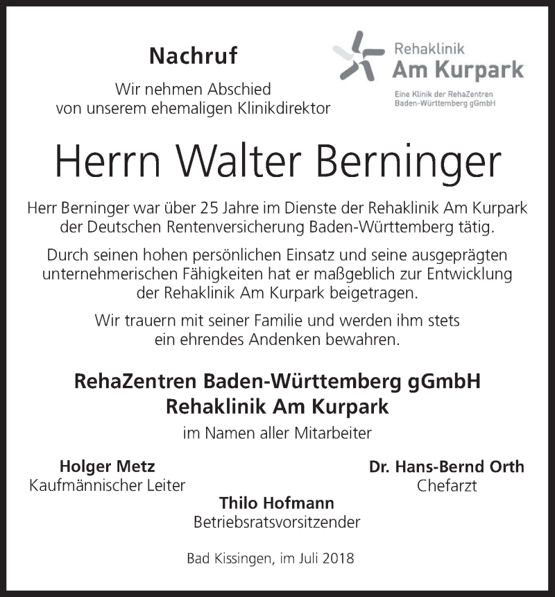  Traueranzeige für Walter Berninger vom 28.07.2018 aus MGO