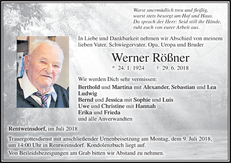  Traueranzeige für Werner Rößner vom 06.07.2018 aus MGO