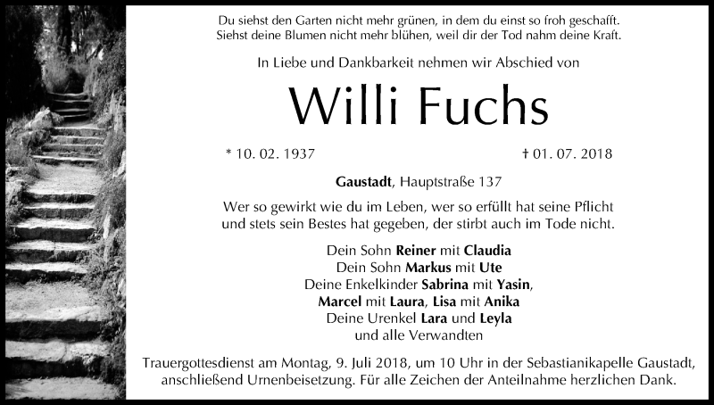  Traueranzeige für Willi Fuchs vom 06.07.2018 aus MGO