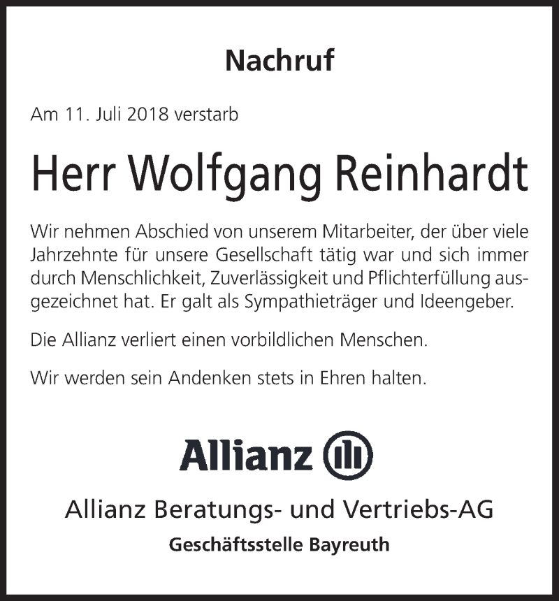  Traueranzeige für Wolfgang Reinhardt vom 19.07.2018 aus MGO