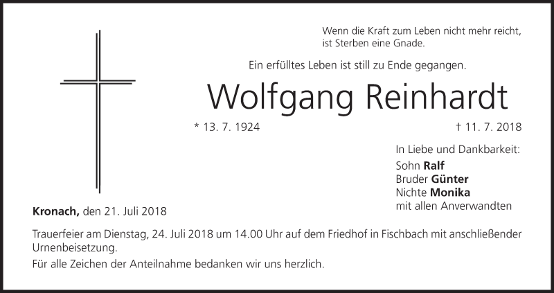 Traueranzeige für Wolfgang Reinhardt vom 21.07.2018 aus MGO