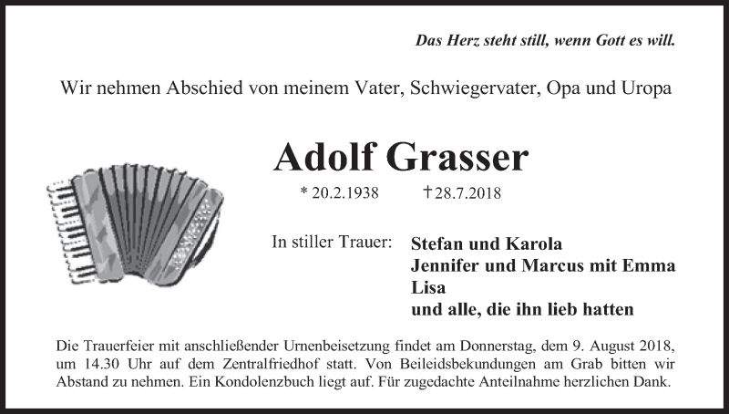  Traueranzeige für Adolf Grasser vom 04.08.2018 aus MGO