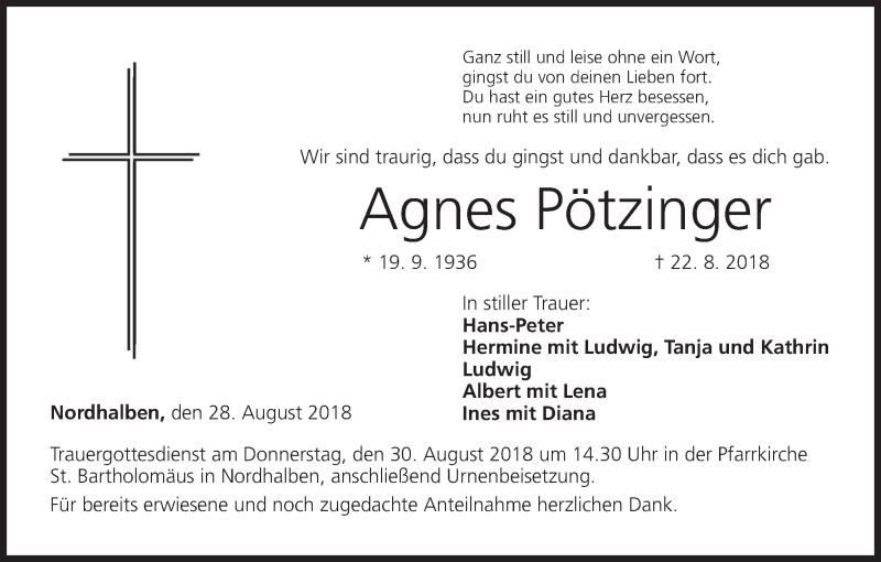  Traueranzeige für Agnes Pötzinger vom 28.08.2018 aus MGO