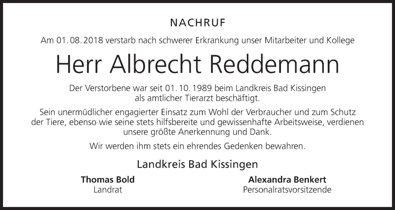  Traueranzeige für Albrecht Reddemann vom 15.08.2018 aus MGO