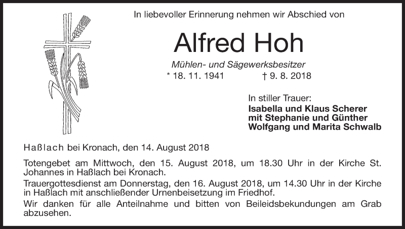  Traueranzeige für Alfred Hoh vom 14.08.2018 aus MGO
