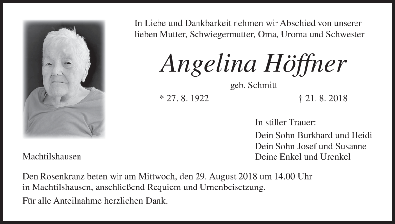  Traueranzeige für Angelina Höffner vom 25.08.2018 aus MGO