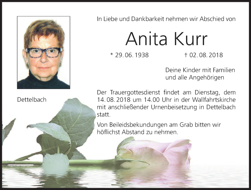  Traueranzeige für Anita Kurr vom 11.08.2018 aus MGO