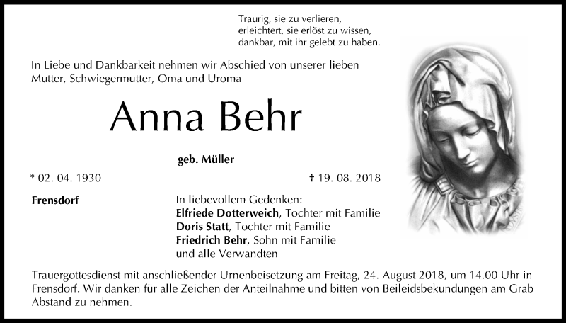  Traueranzeige für Anna Behr vom 22.08.2018 aus MGO