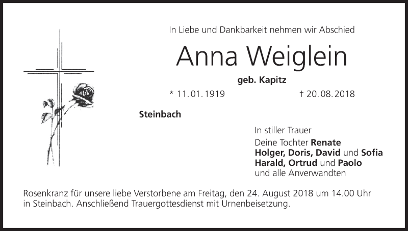  Traueranzeige für Anna Weiglein vom 23.08.2018 aus MGO