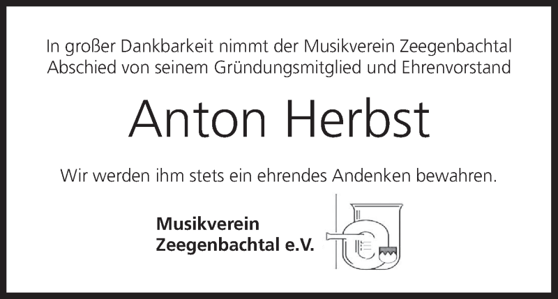  Traueranzeige für Anton Herbst vom 31.08.2018 aus MGO