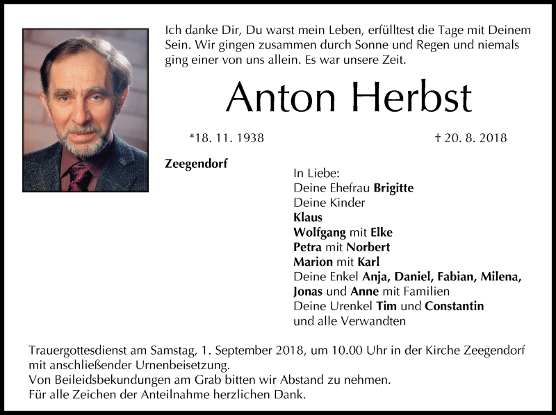  Traueranzeige für Anton Herbst vom 25.08.2018 aus MGO