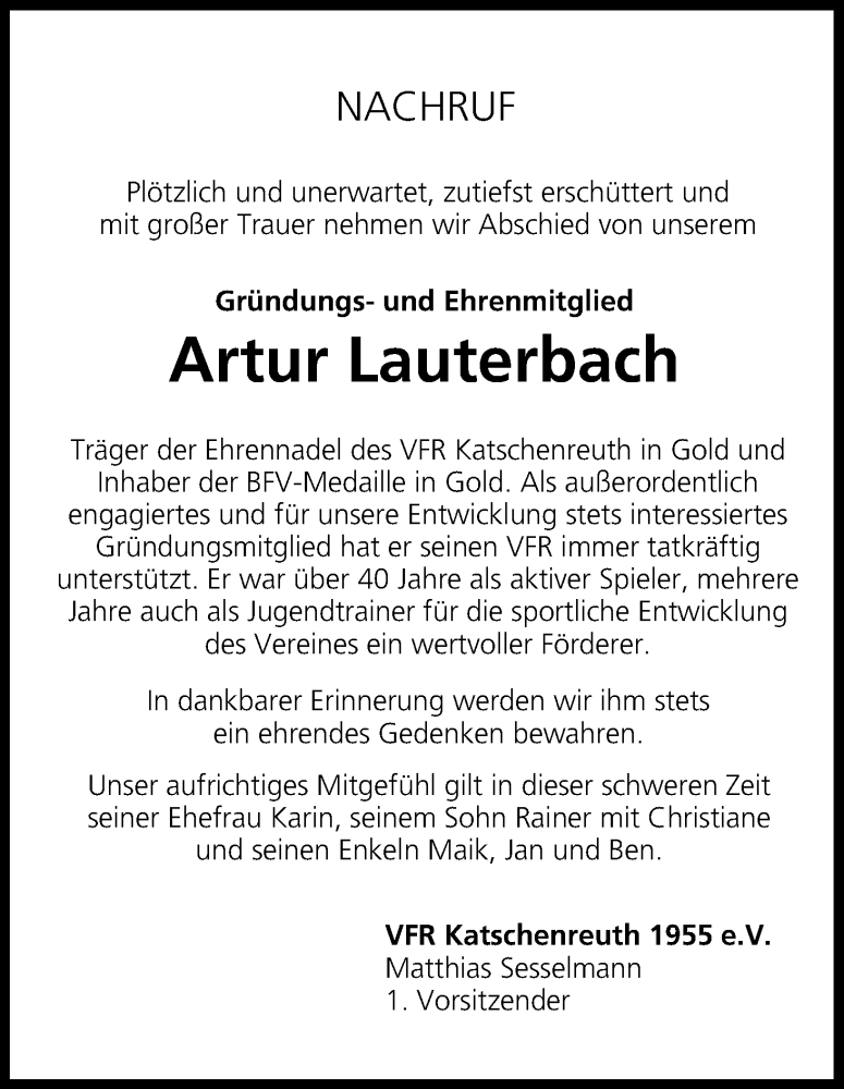  Traueranzeige für Artur Lauterbach vom 02.08.2018 aus MGO