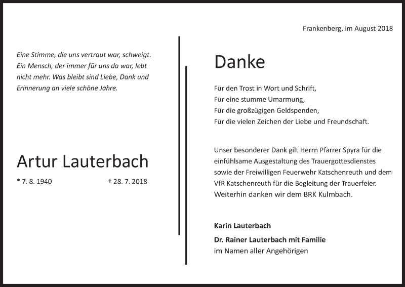  Traueranzeige für Artur Lauterbach vom 15.08.2018 aus MGO