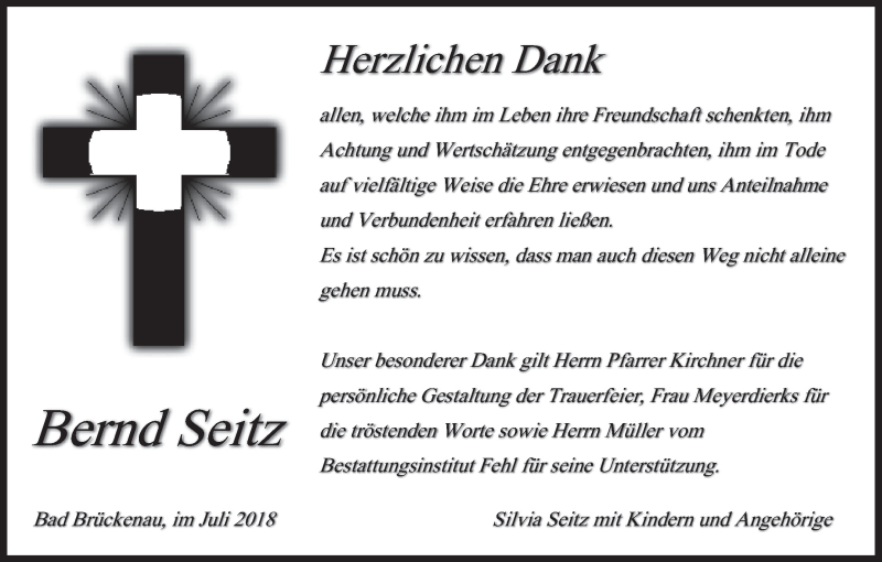  Traueranzeige für Bernd Seitz vom 11.08.2018 aus MGO