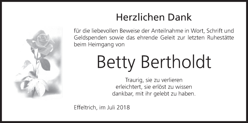  Traueranzeige für Betty Bertholdt vom 02.08.2018 aus MGO