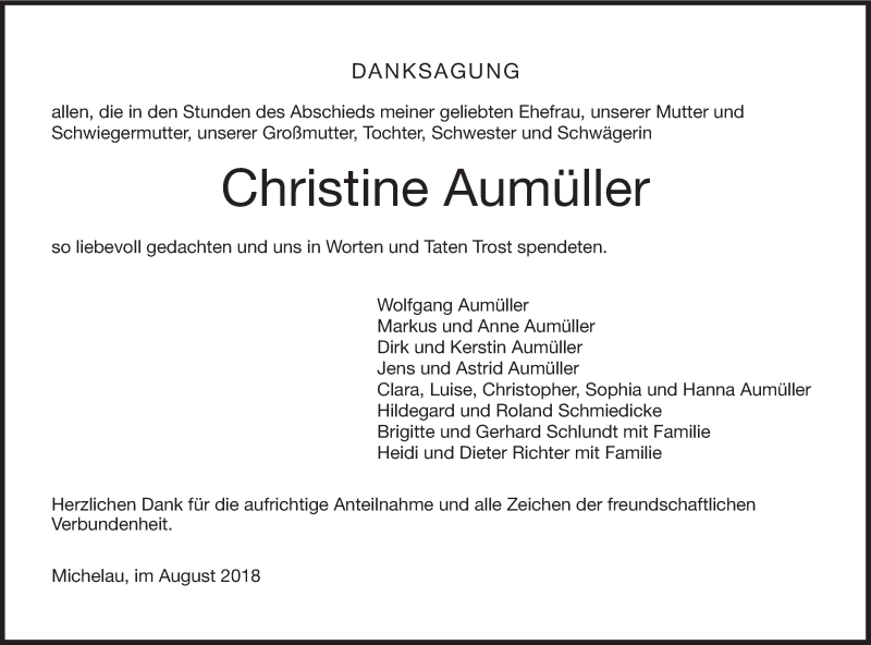  Traueranzeige für Christine Aumüller vom 11.08.2018 aus MGO