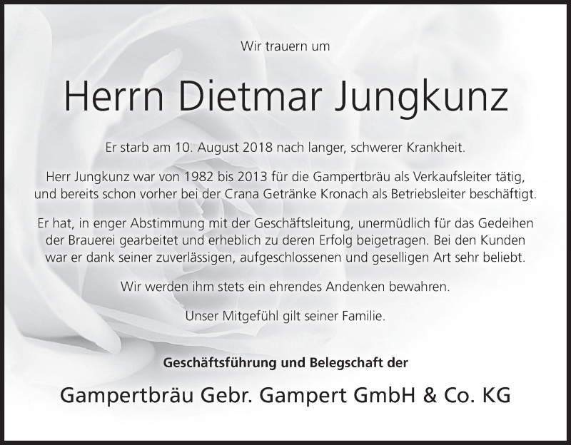  Traueranzeige für Dietmar Jungkunz vom 21.08.2018 aus MGO