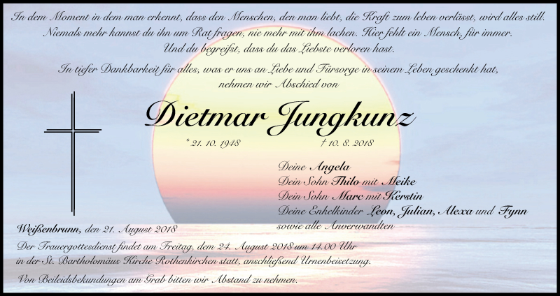  Traueranzeige für Dietmar Jungkunz vom 21.08.2018 aus MGO