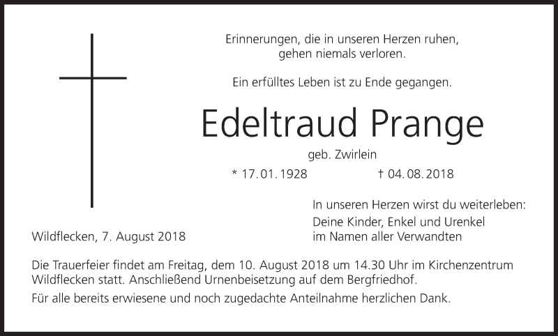  Traueranzeige für Edeltraud Prange vom 07.08.2018 aus MGO