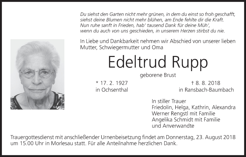  Traueranzeige für Edeltrud Rupp vom 18.08.2018 aus MGO