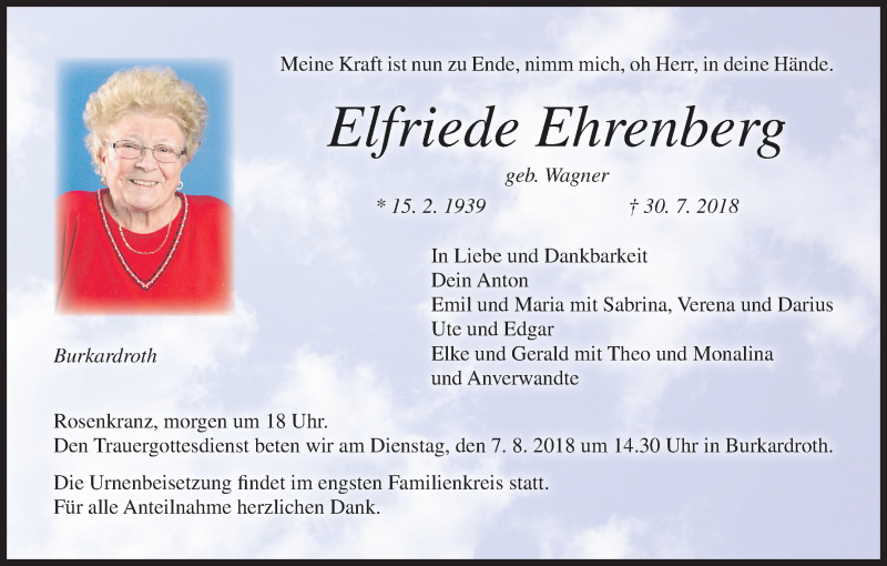  Traueranzeige für Elfriede Ehrenberg vom 04.08.2018 aus MGO