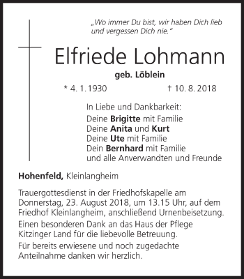 Anzeige von Elfriede Lohmann von MGO