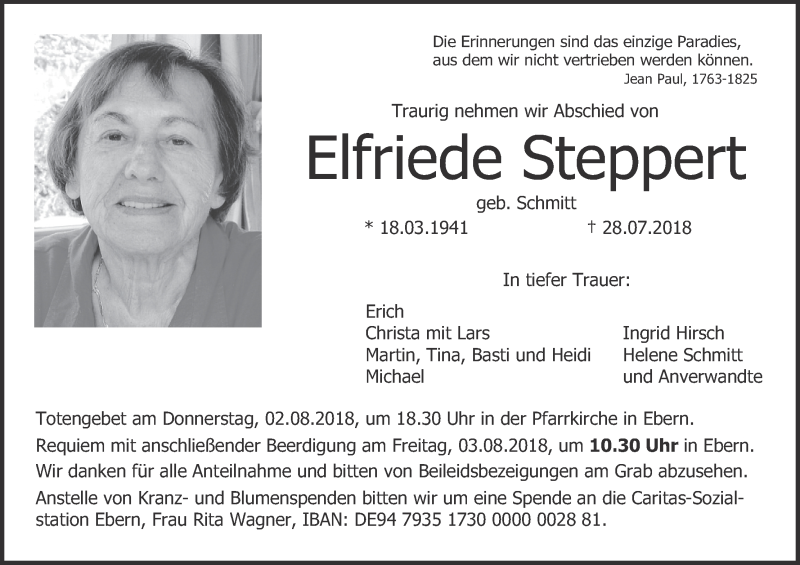  Traueranzeige für Elfriede Steppert vom 01.08.2018 aus MGO