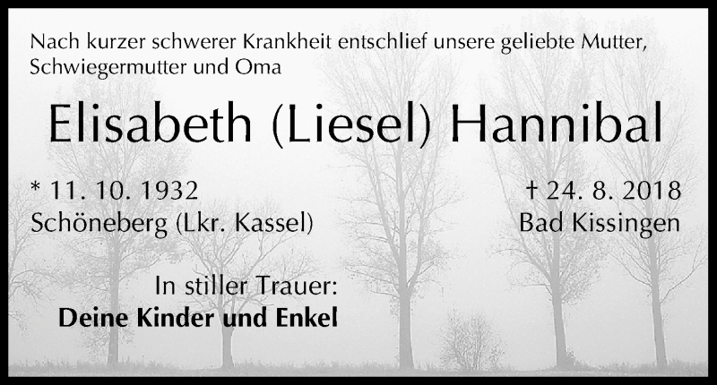  Traueranzeige für Elisabeth Hannibal vom 27.08.2018 aus MGO